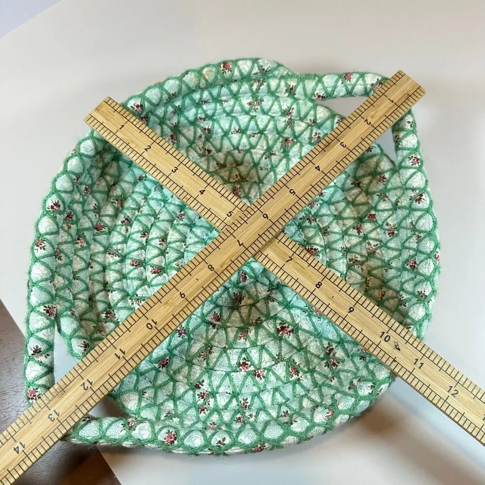 Woven Coiled Fabric Bread Bun Basket Handles Green Floral Rustic Shabby Chic